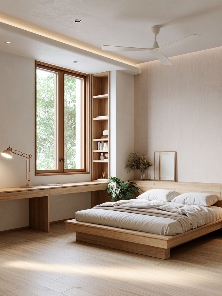 Japandi Bedroom Interior Print. poster — architecture art