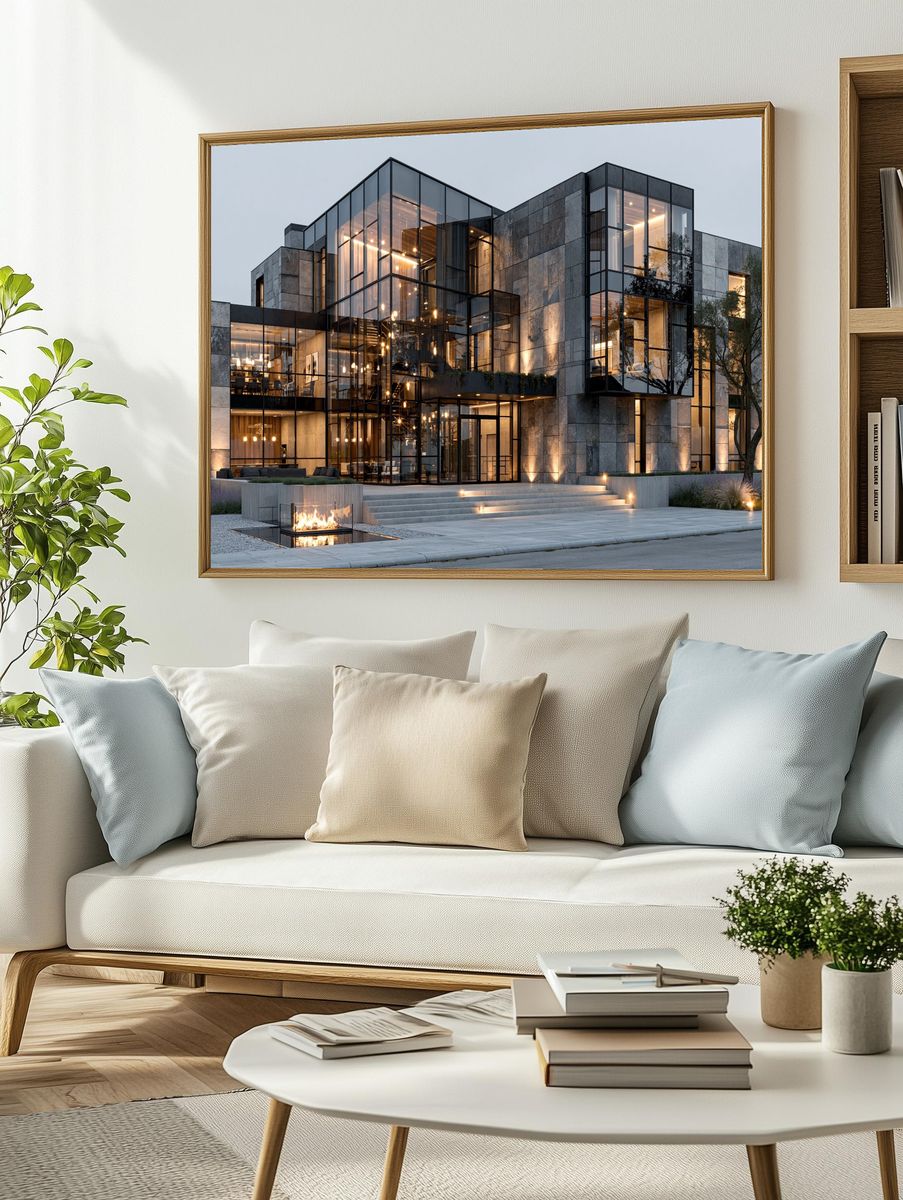 Modern Glass Mansion Architecture Print. — room view 2