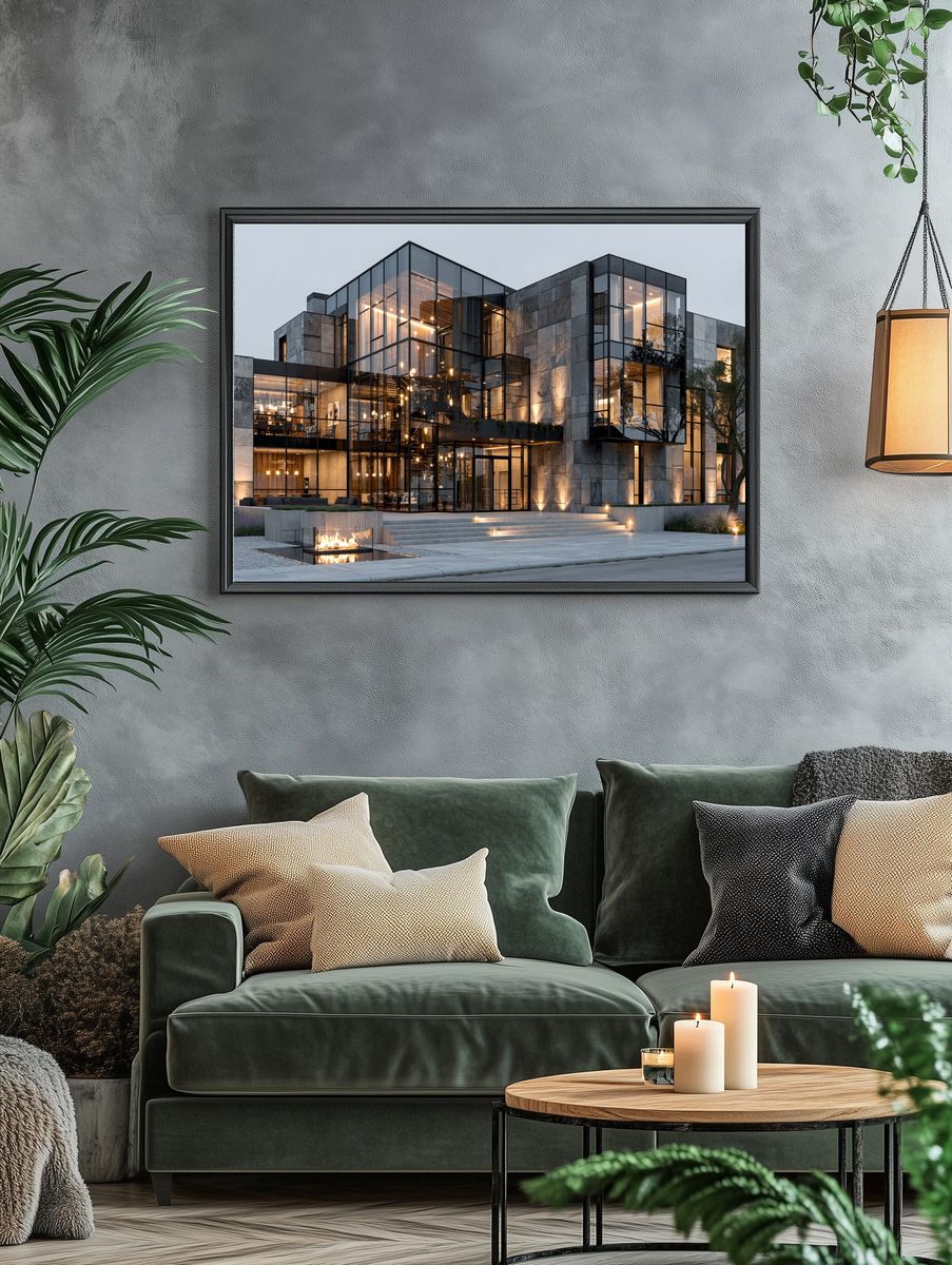 Modern Glass Mansion Architecture Print. — room view 4