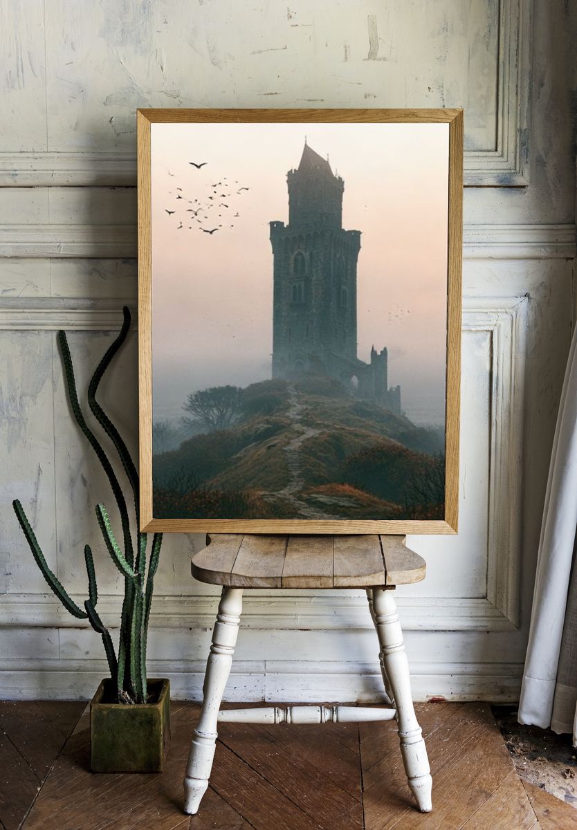Misty Tower Ruins Photography Poster. room preview