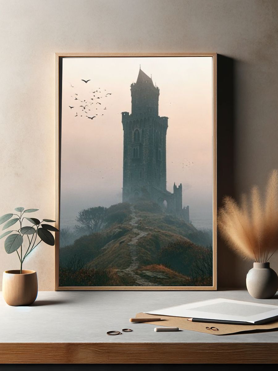 Misty Tower Ruins Photography Poster. — room view 2