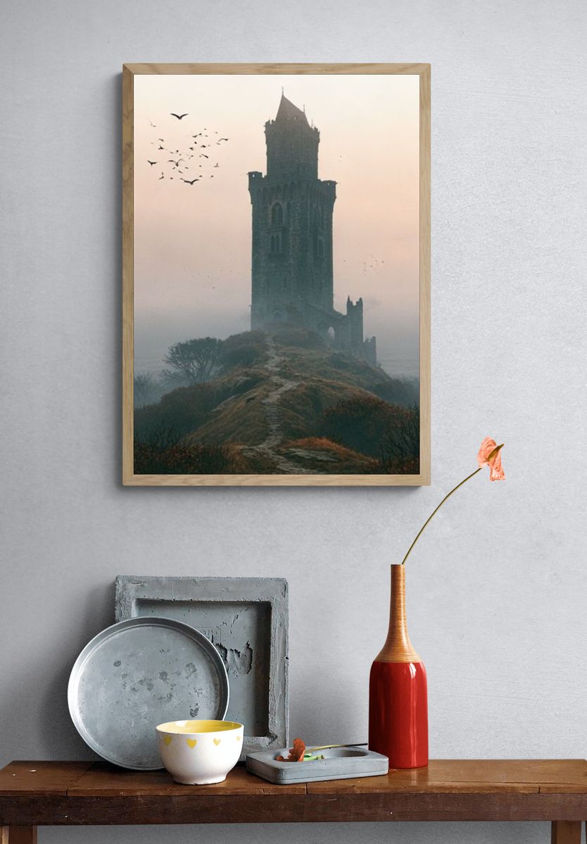 Misty Tower Ruins Photography Poster. — room view 3