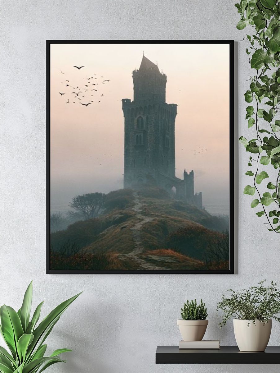 Misty Tower Ruins Photography Poster. — room view 4