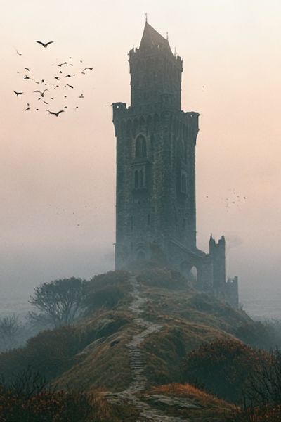 Misty Tower Ruins Photography Poster.