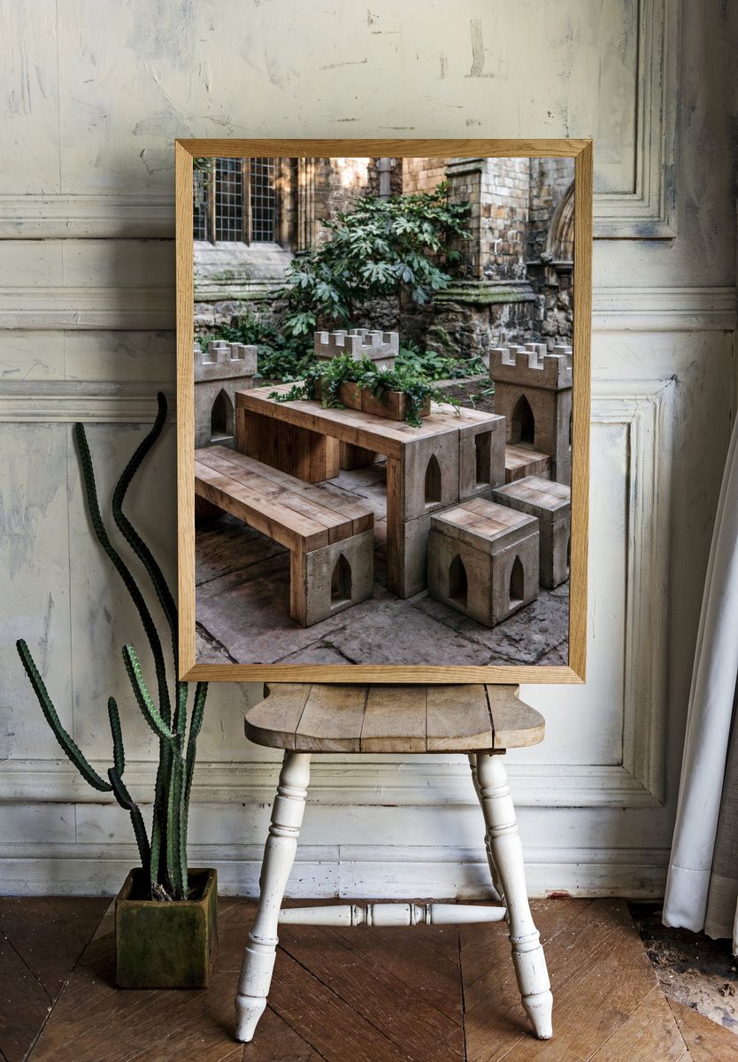Stone Courtyard Bench Photography Poster. — room view 1