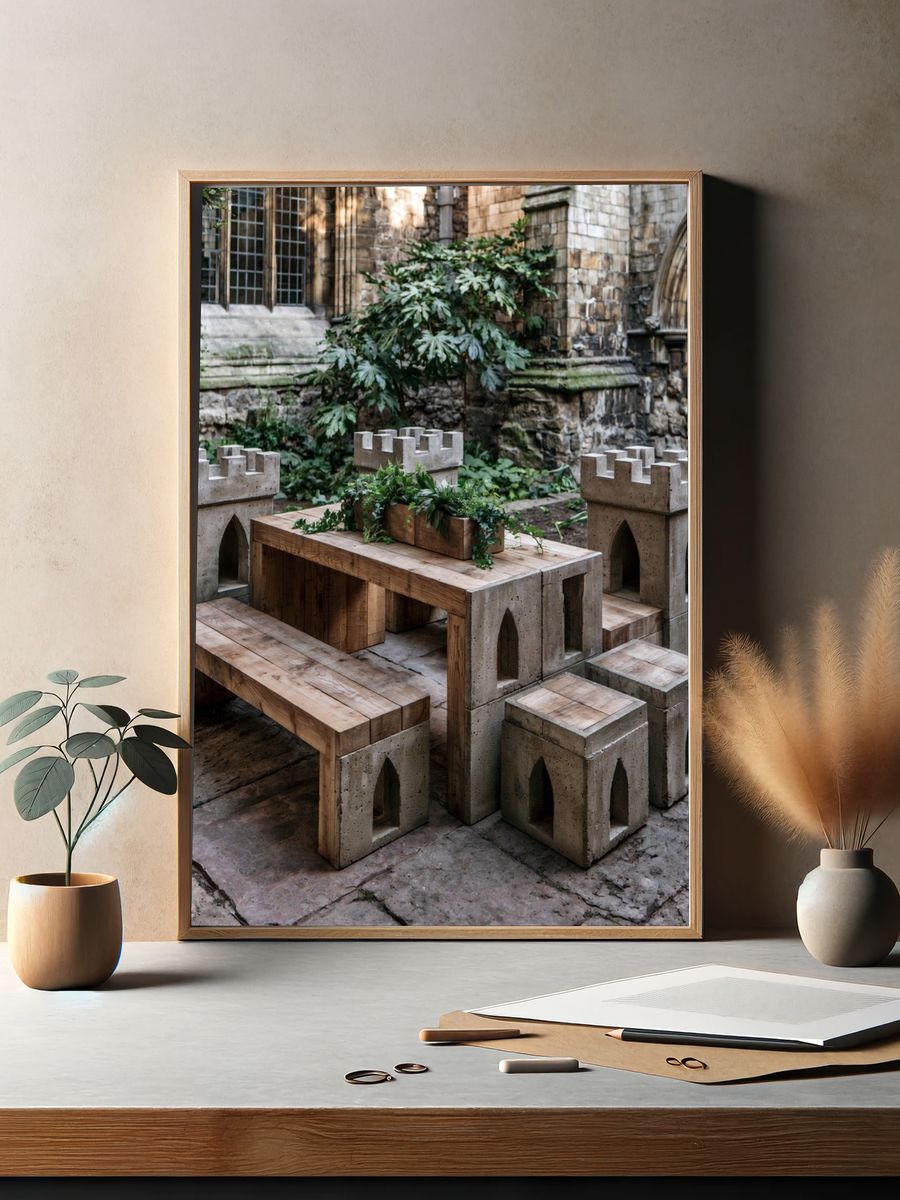 Stone Courtyard Bench Photography Poster. — room view 2