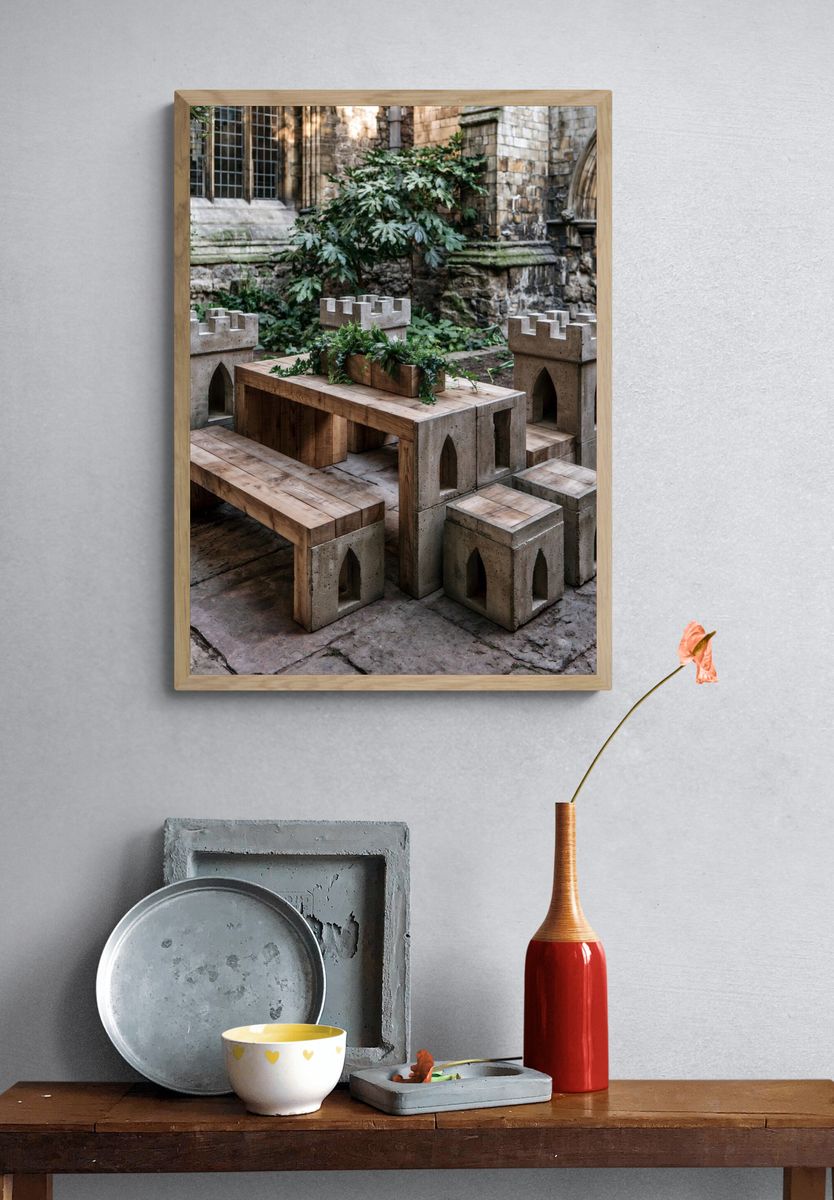 Stone Courtyard Bench Photography Poster. — room view 3