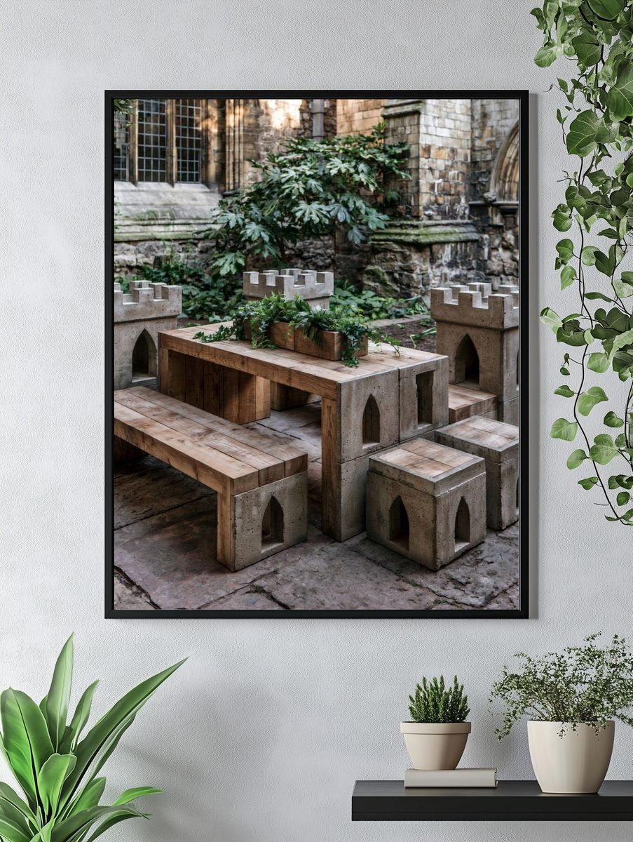 Stone Courtyard Bench Photography Poster. — room view 4