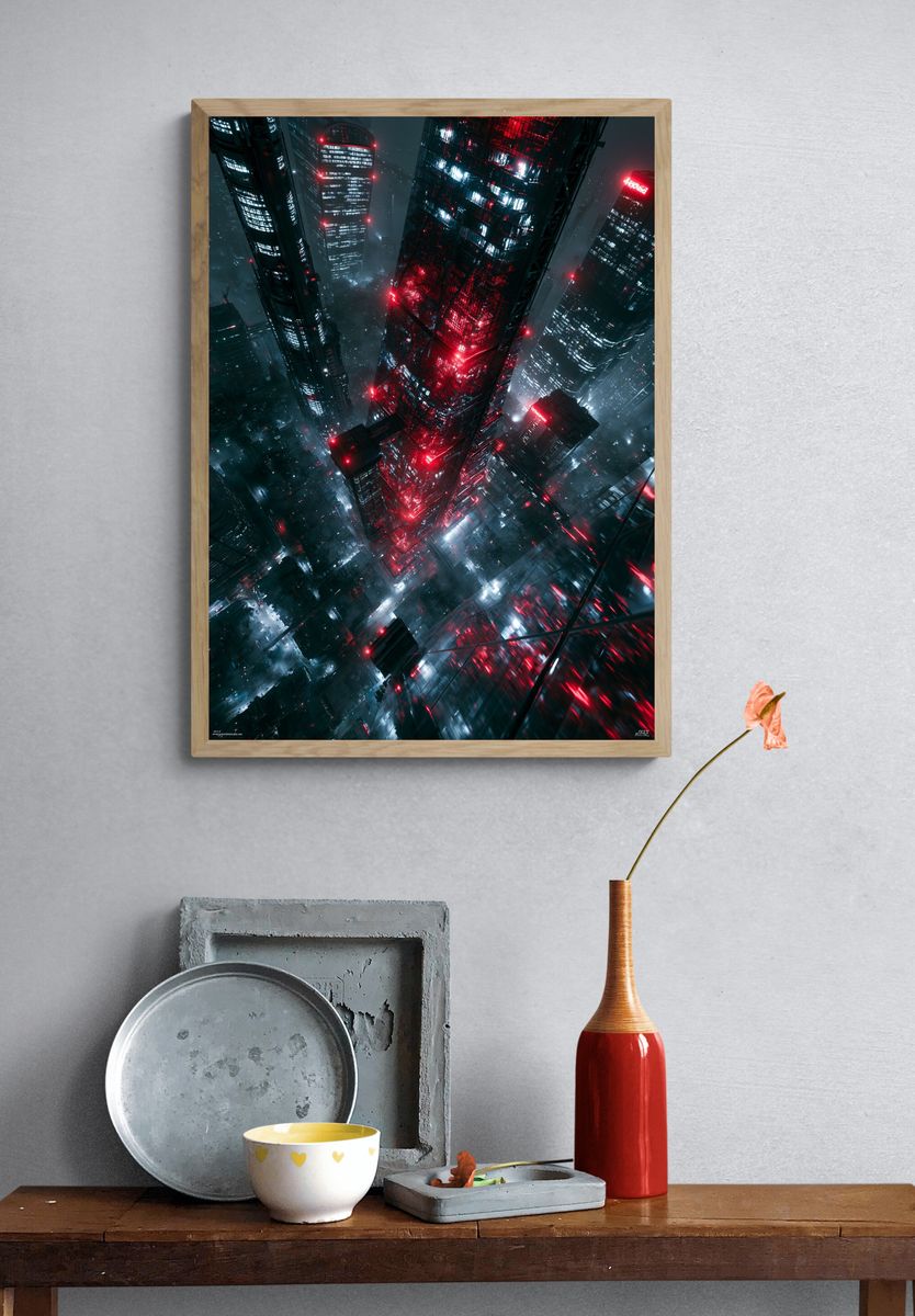 Neon Cyberpunk Skyline Poster. — room view 3