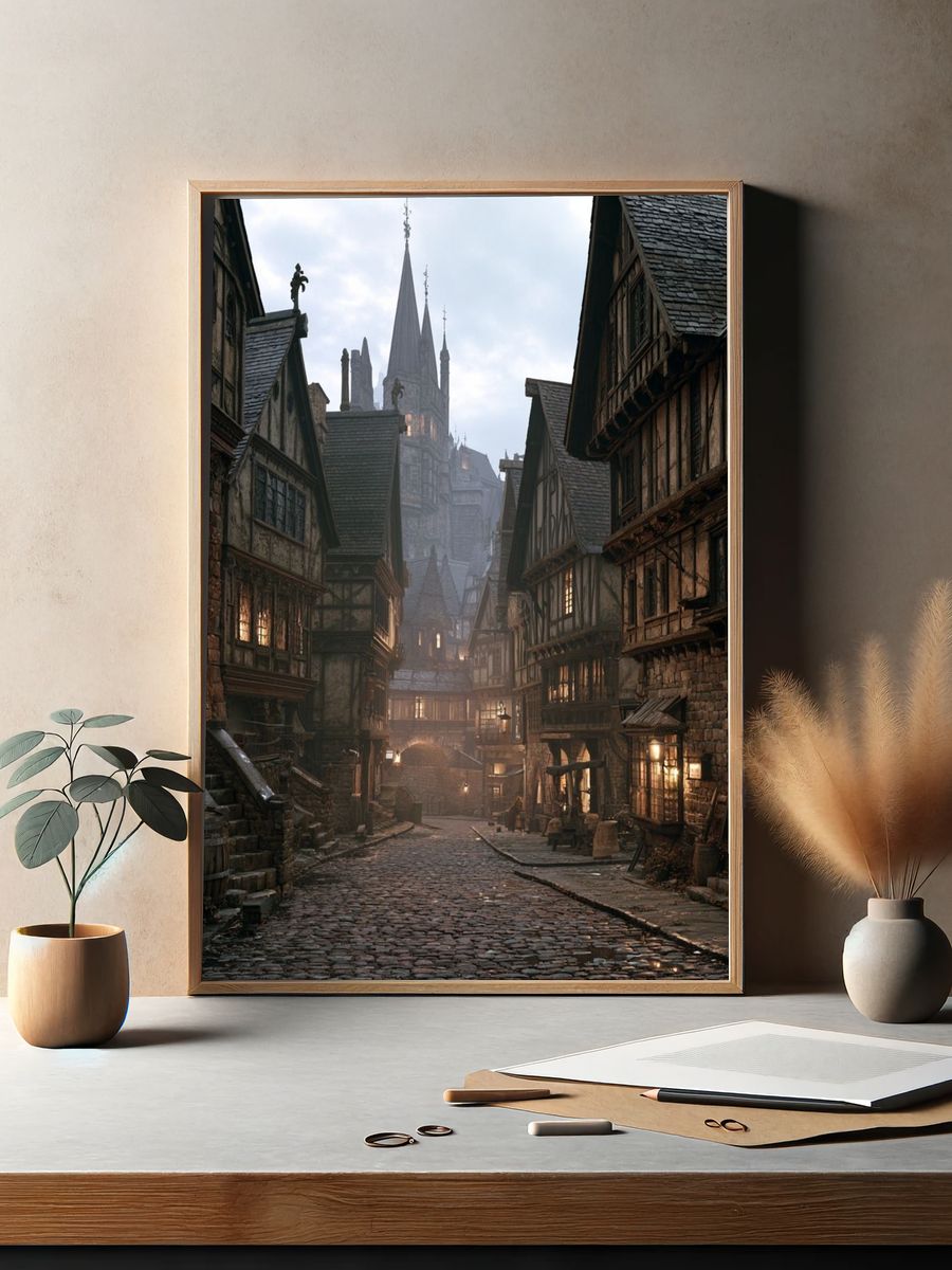 Medieval Cobblestone Street Print. — room view 2