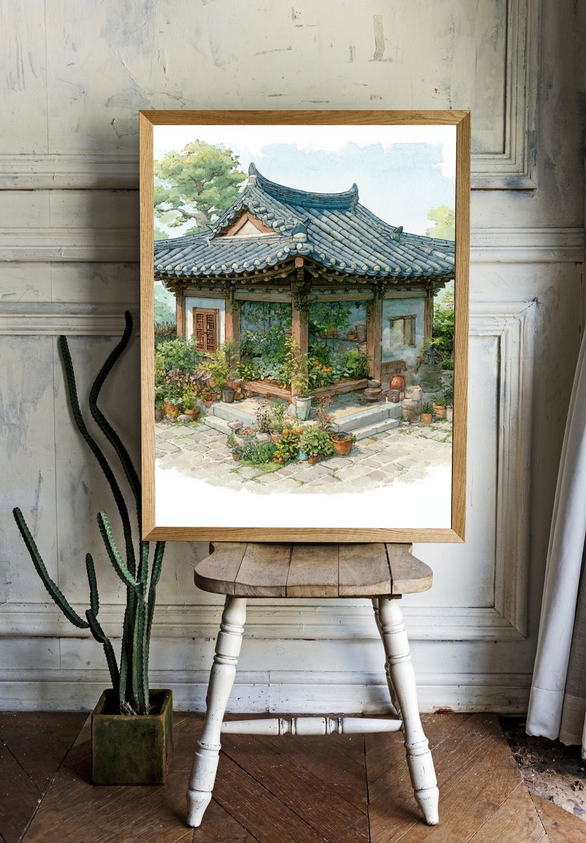 Korean Garden Pavilion Watercolor Print. room preview