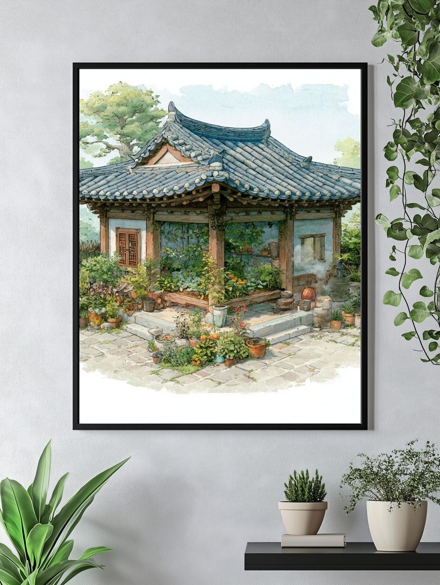 Korean Garden Pavilion Watercolor Print. — room view 4