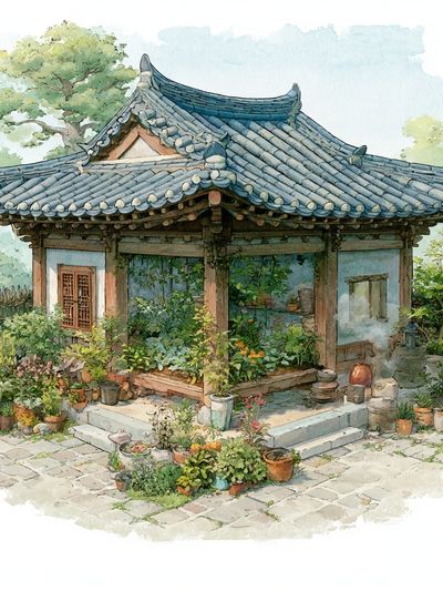 Korean Garden Pavilion Watercolor Print.