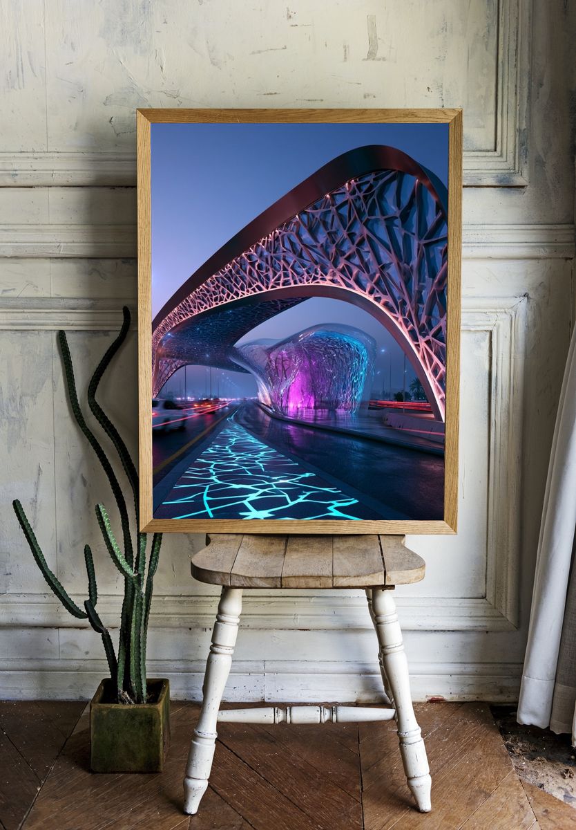 Futuristic Neon Bridge Architecture Poster. — room view 1