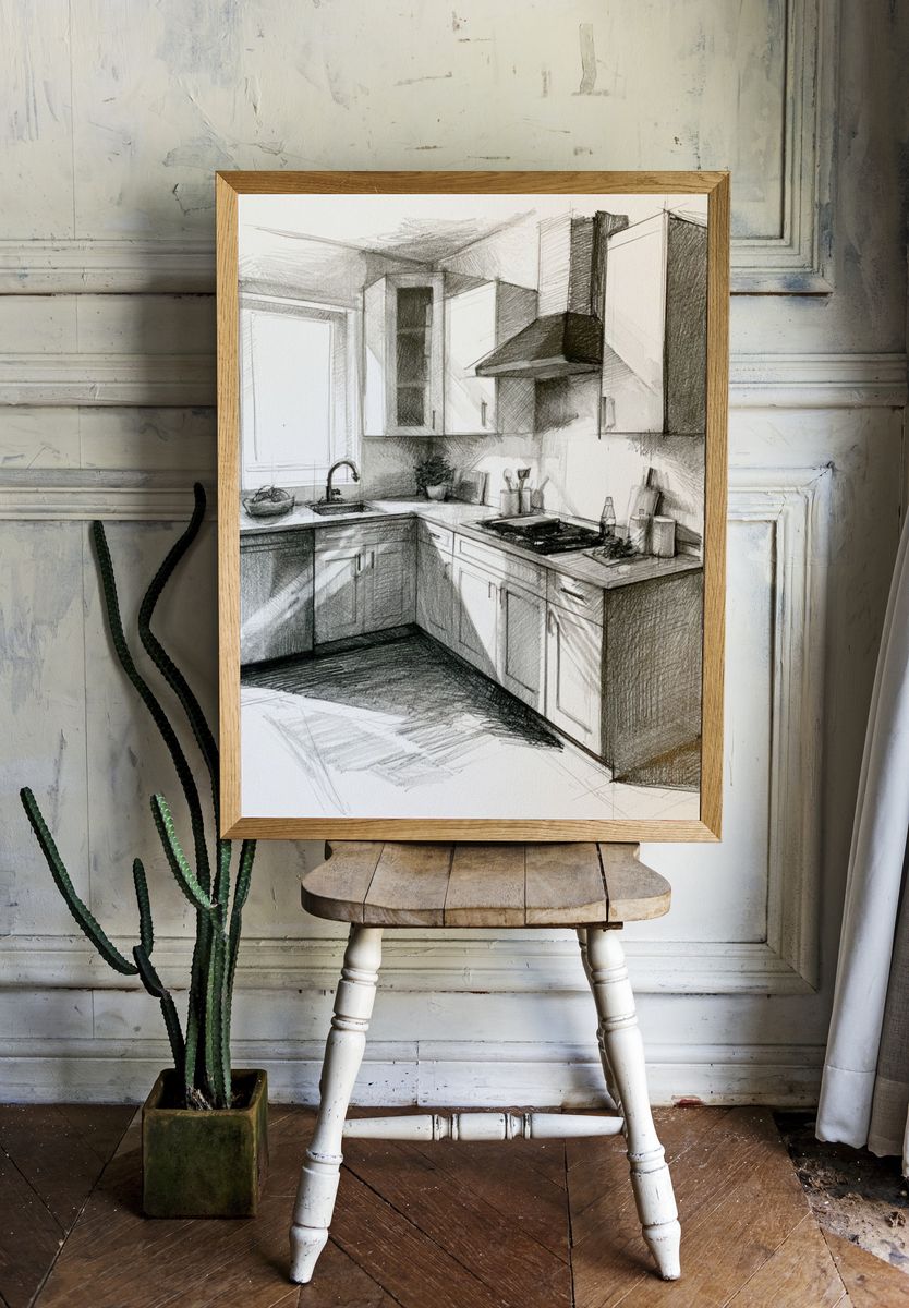 Sketchy Modern Kitchen Illustration Poster. room preview