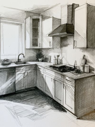 Sketchy Modern Kitchen Illustration Poster.