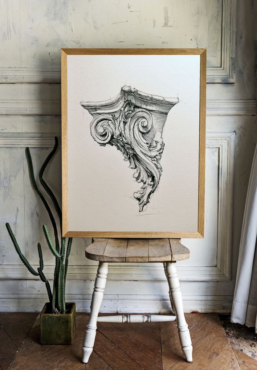 Ornate Corinthian Capital Sketch Print. room preview