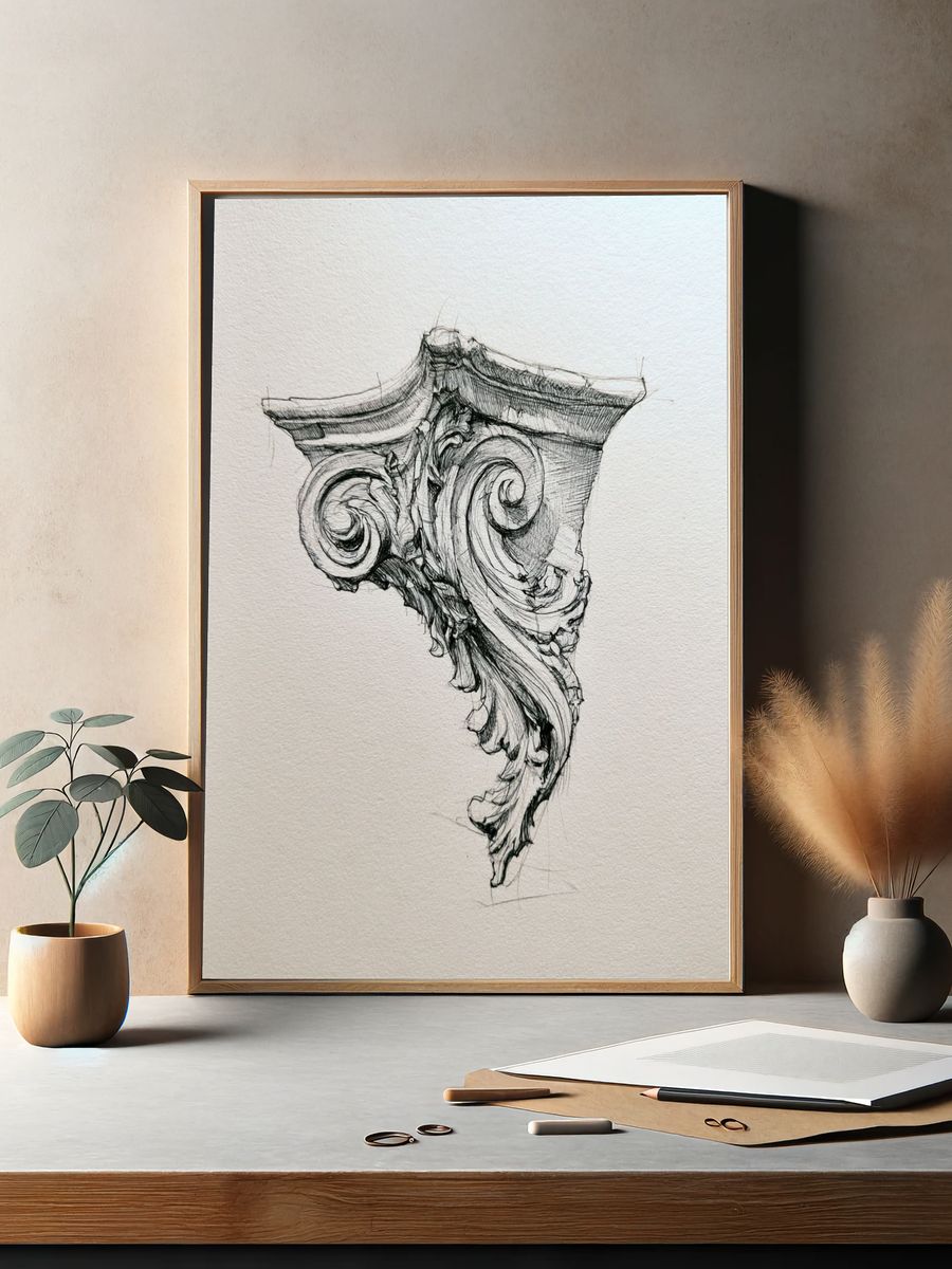 Ornate Corinthian Capital Sketch Print. — room view 2