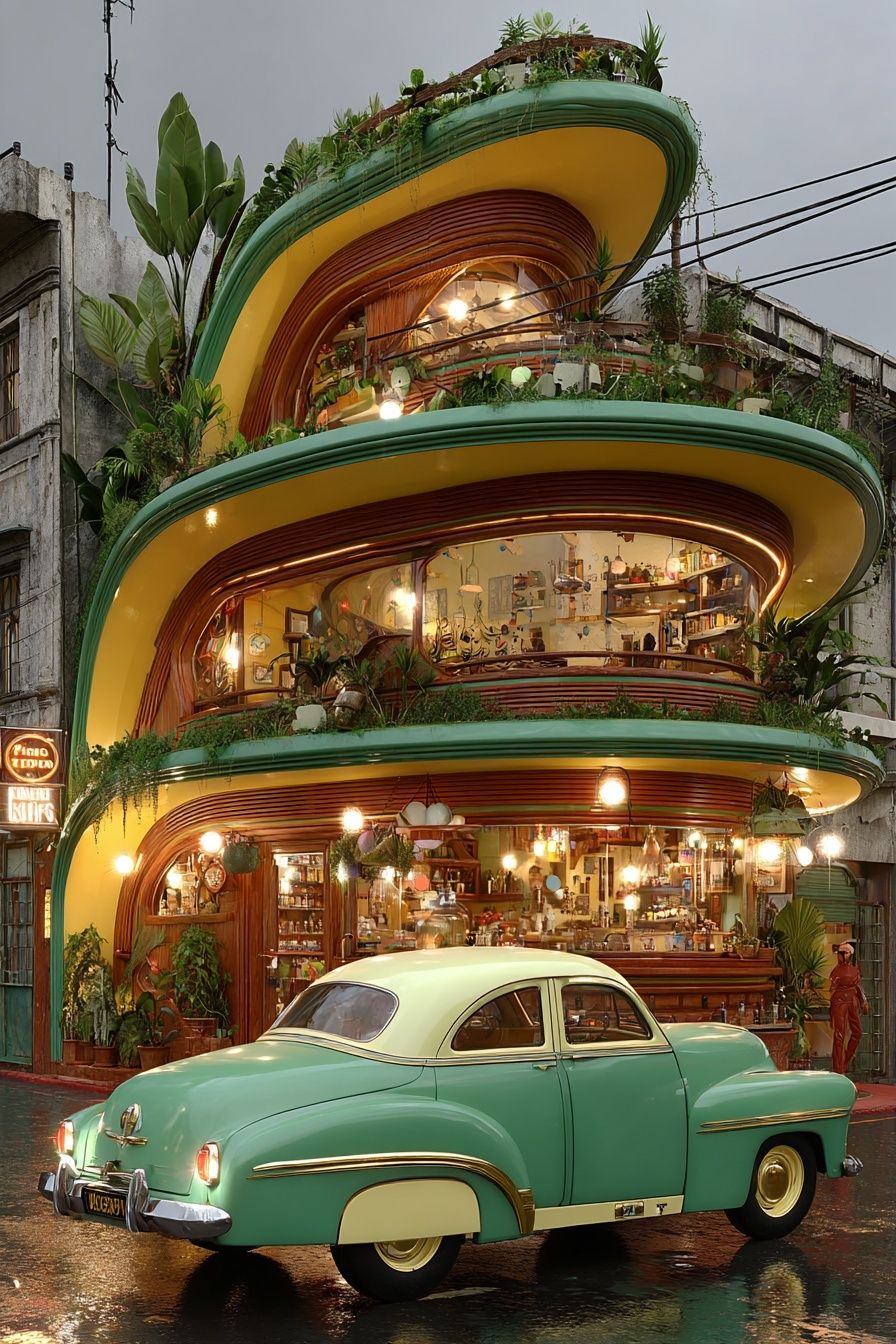 Retro Green Car and Modern Architecture Poster. poster detail