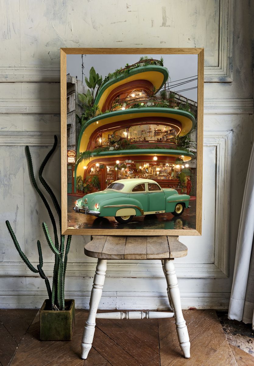 Retro Green Car and Modern Architecture Poster. — room view 1
