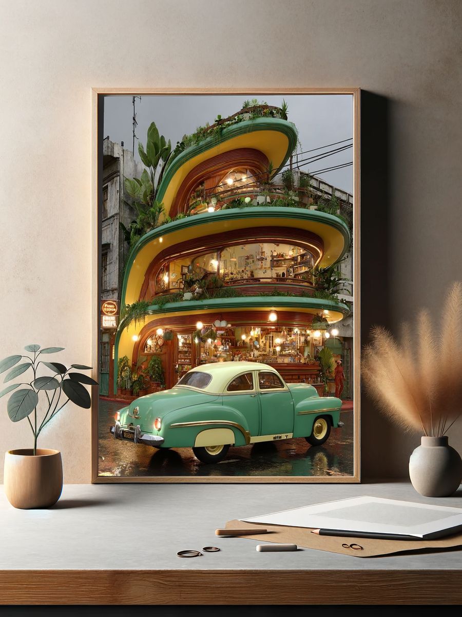 Retro Green Car and Modern Architecture Poster. — room view 2