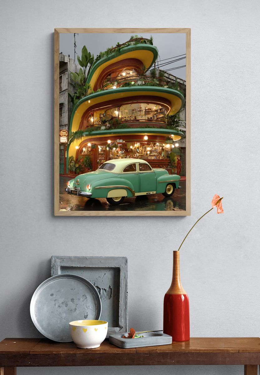 Retro Green Car and Modern Architecture Poster. — room view 3