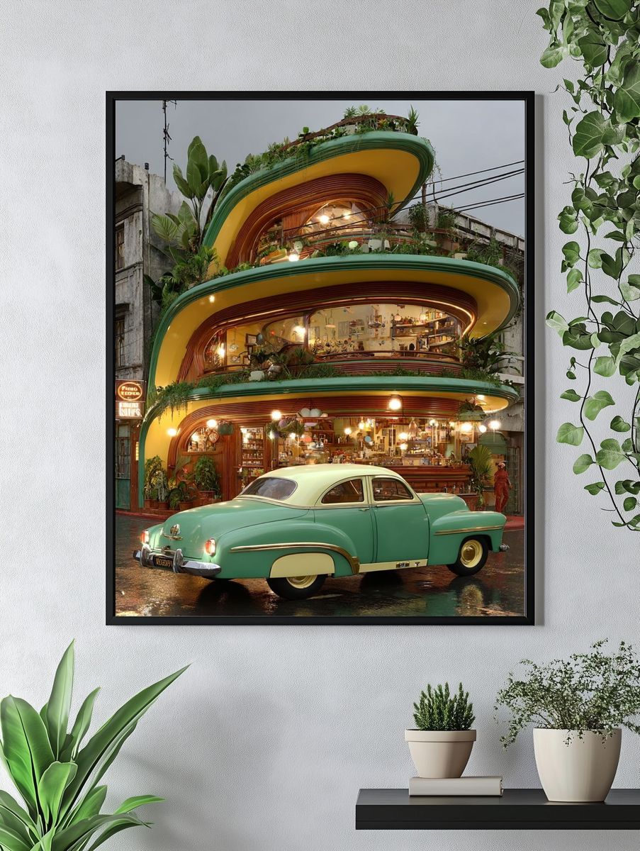 Retro Green Car and Modern Architecture Poster. — room view 4
