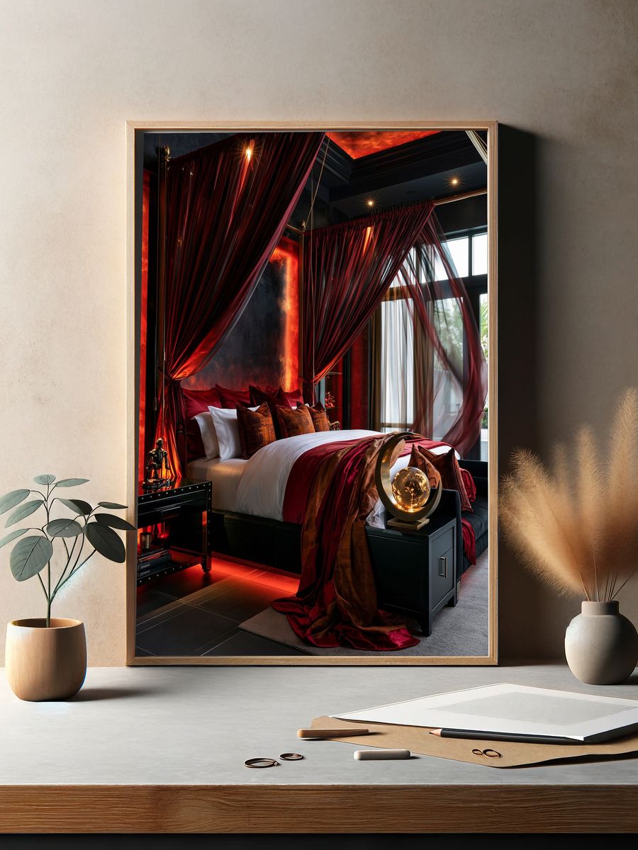 Luxury Red Canopy Bedroom Print. — room view 2