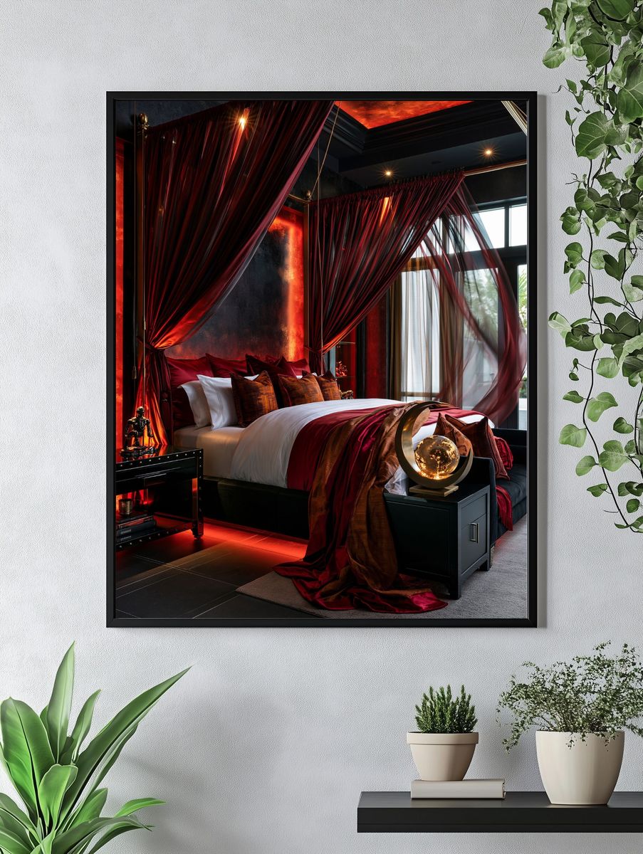 Luxury Red Canopy Bedroom Print. — room view 4