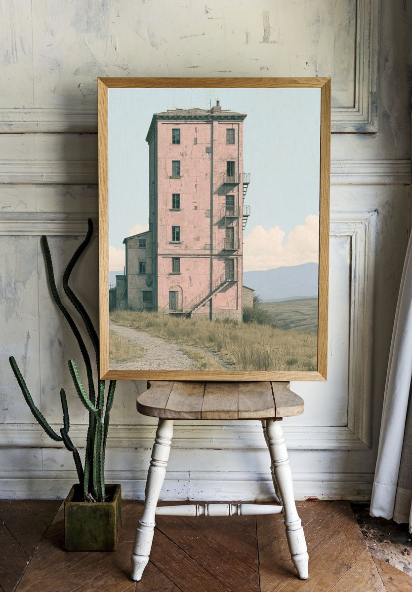 Pink Tower House Landscape Print. room preview