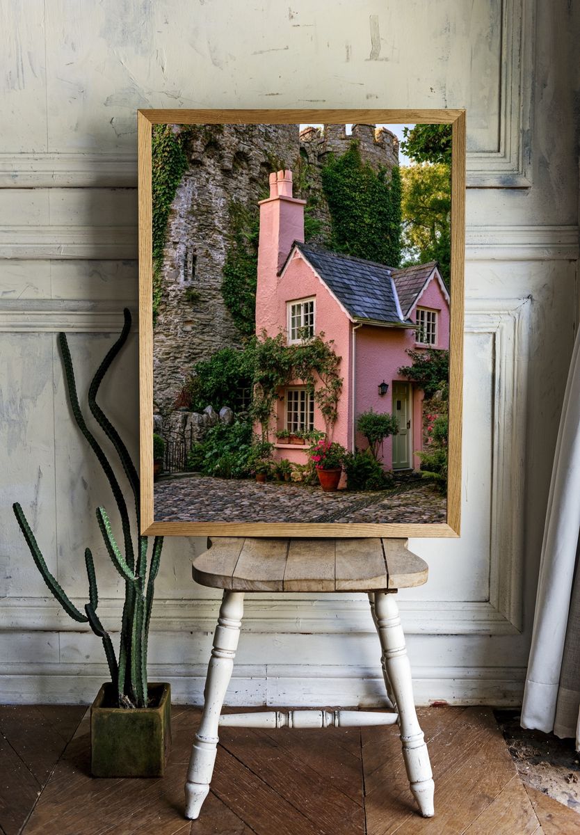 Pink Cottage by the Castle Poster. room preview