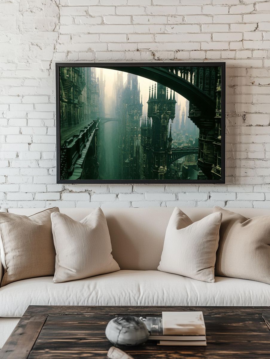 Gothic Skybridge Cityscape Print. — room view 1