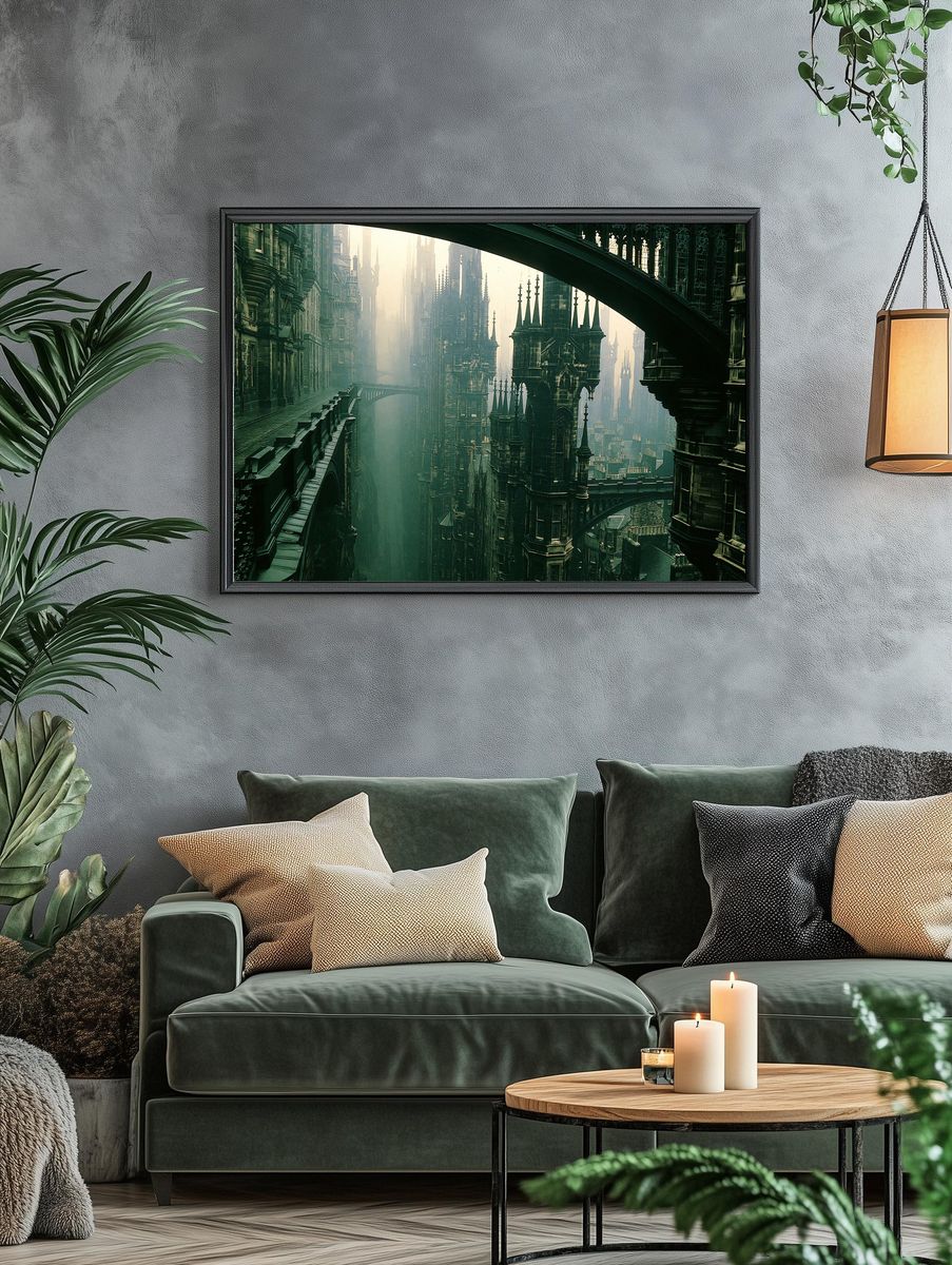 Gothic Skybridge Cityscape Print. — room view 4