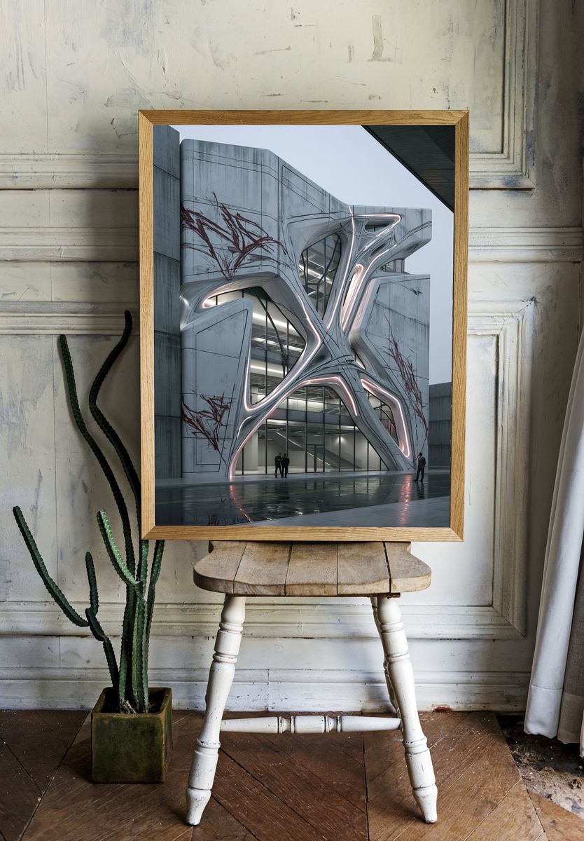 Futuristic Brutalist Building Poster. — room view 1