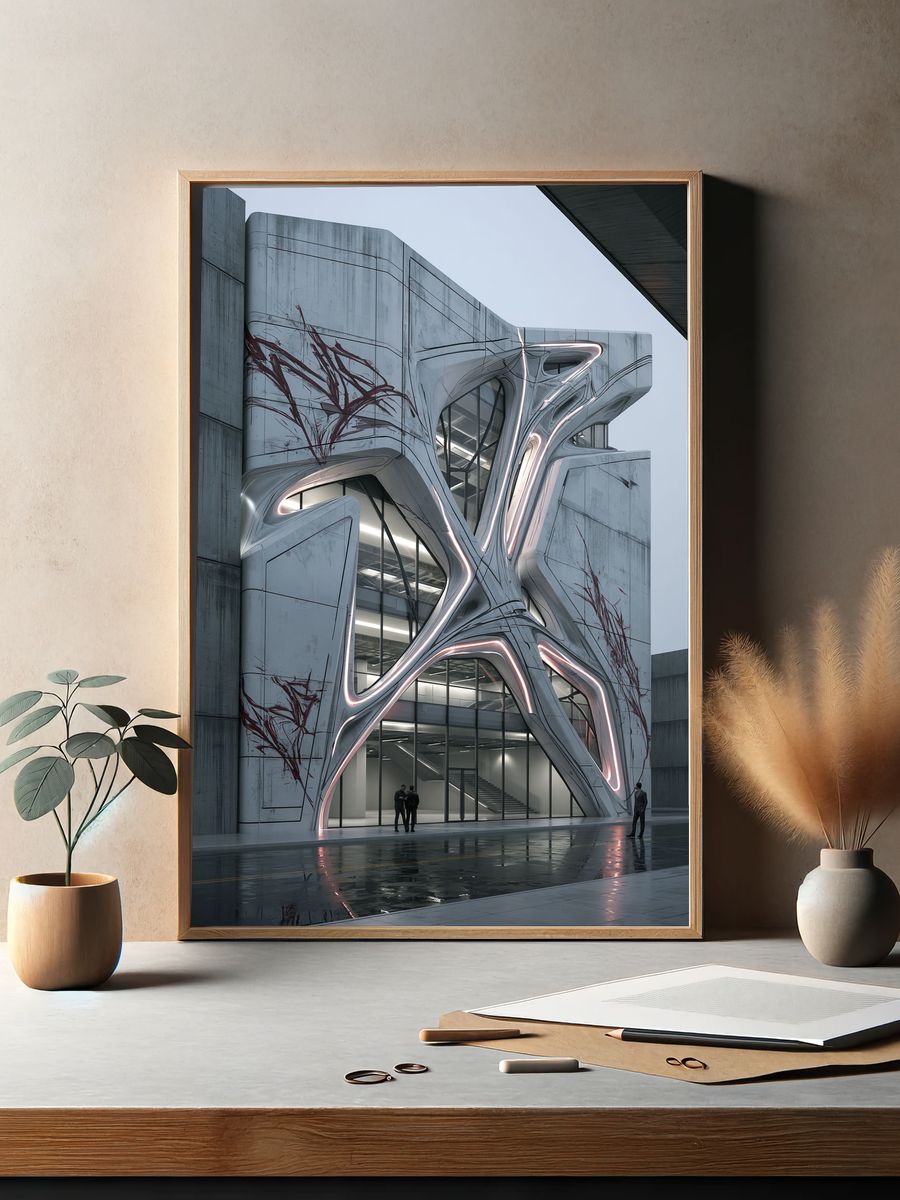 Futuristic Brutalist Building Poster. — room view 2