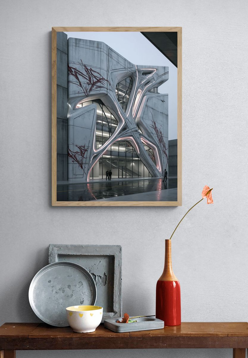 Futuristic Brutalist Building Poster. — room view 3