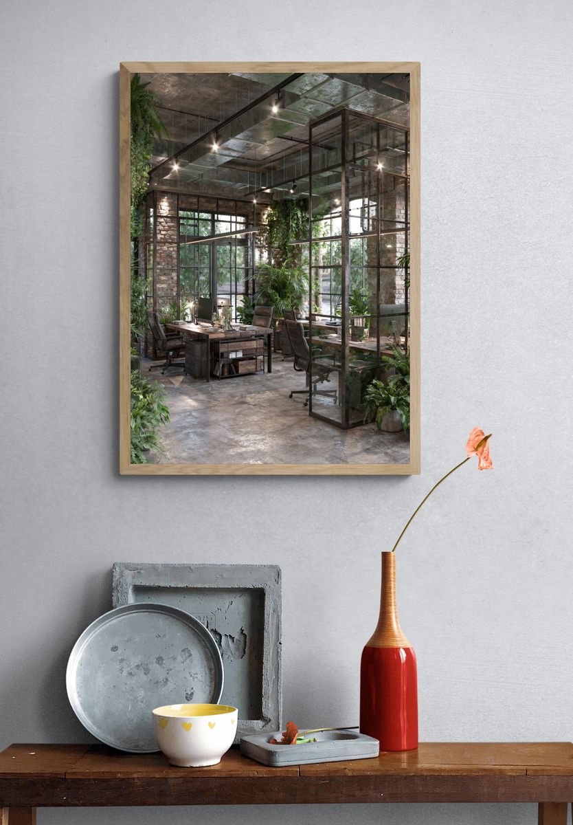 Industrial Green Office Interior Print. — room view 3