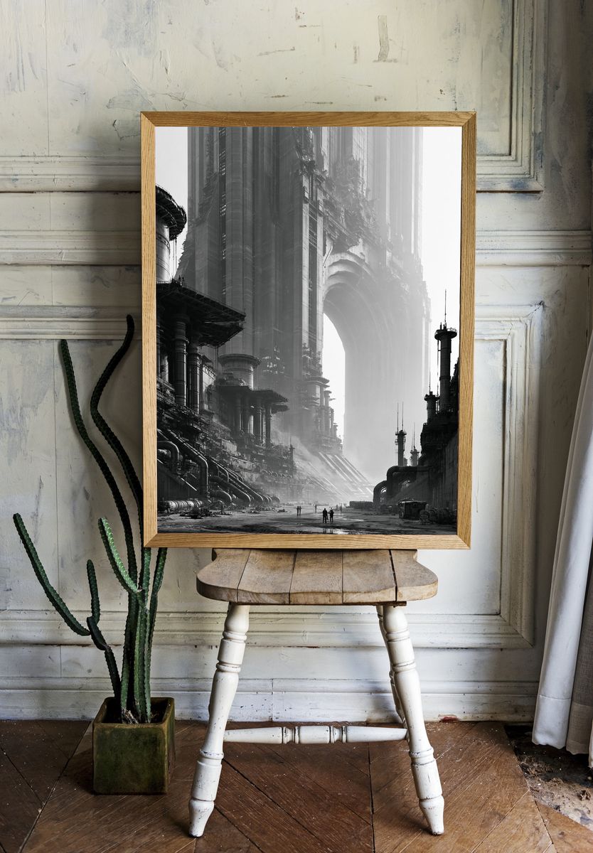 Futuristic Industrial Cityscape Print. — room view 1