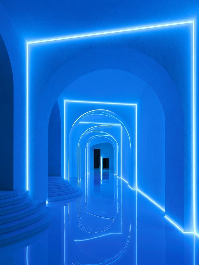 Neon Blue Archway Corridor Poster. poster detail