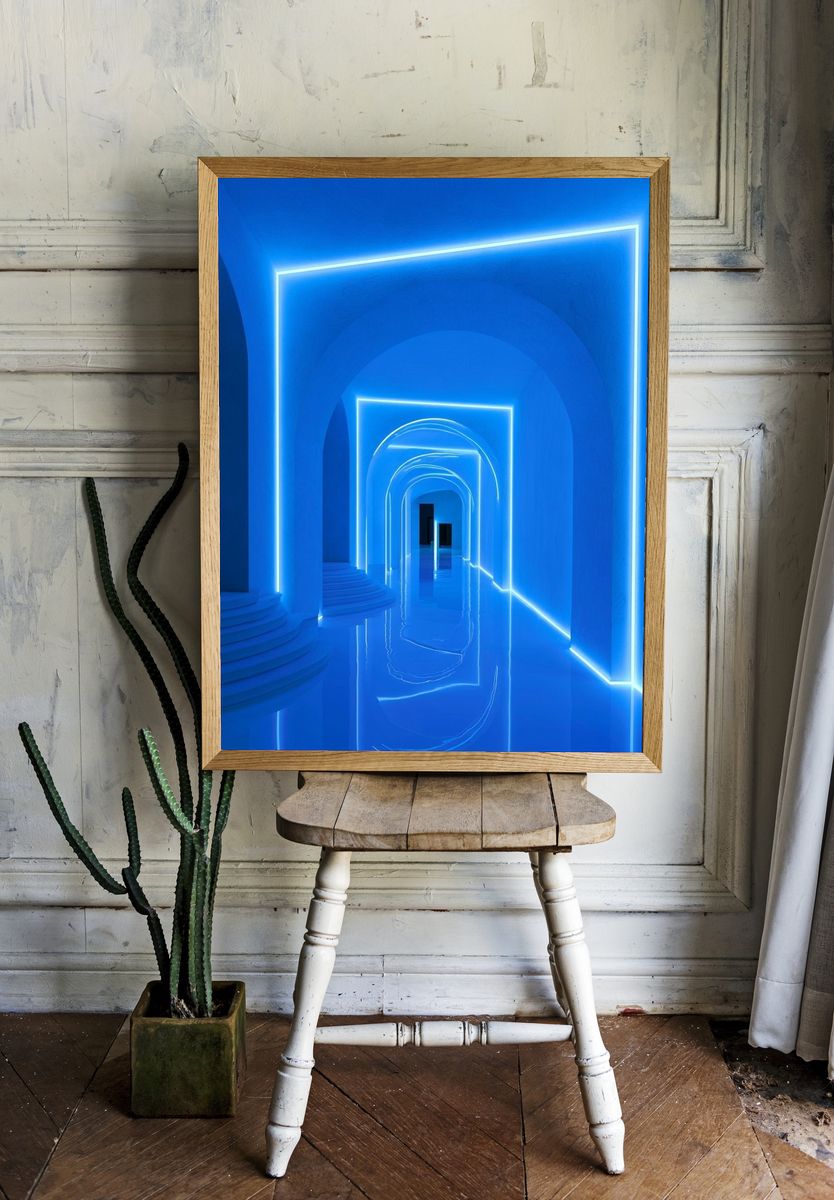 Neon Blue Archway Corridor Poster. room preview