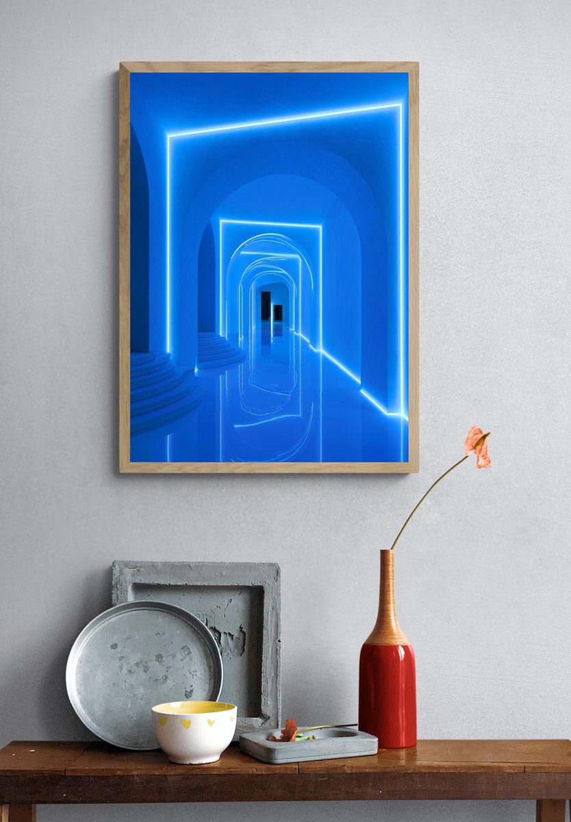 Neon Blue Archway Corridor Poster. — room view 3