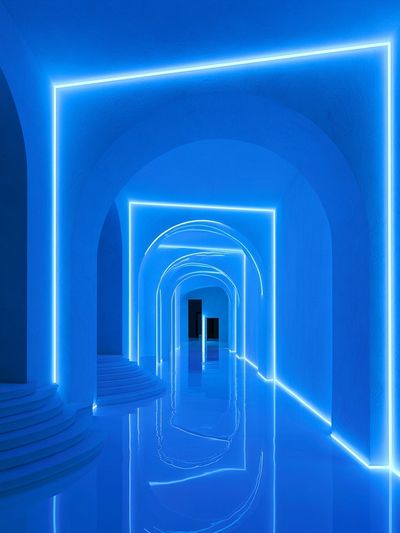 Neon Blue Archway Corridor Poster.