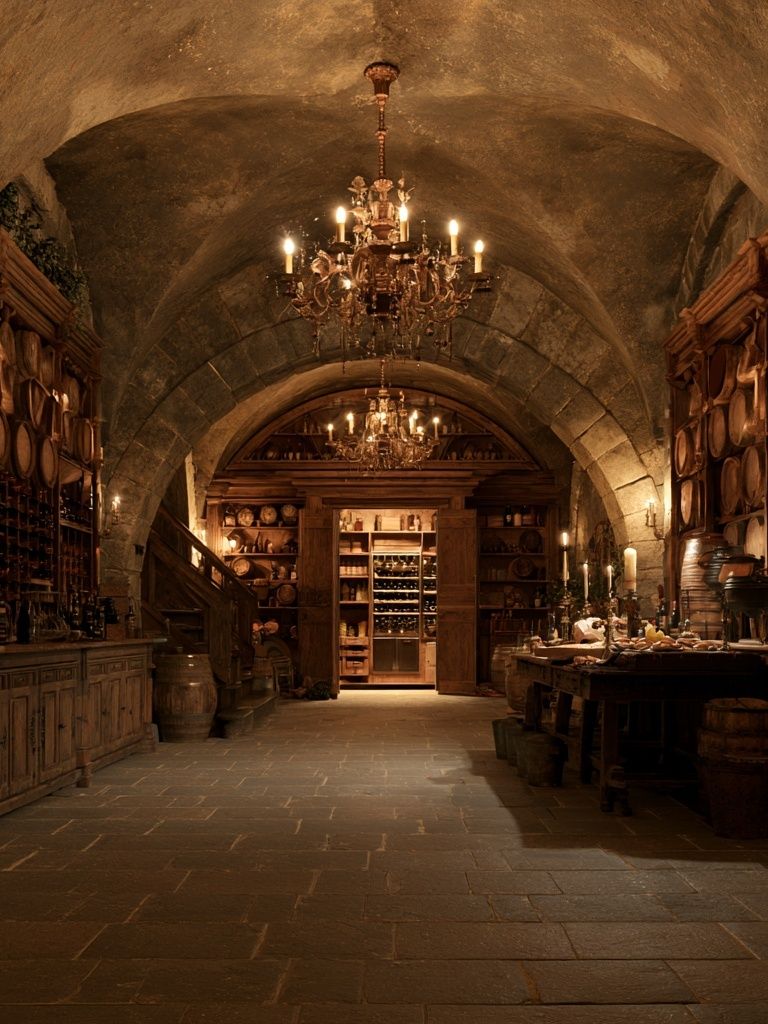 Candlelit Wine Cellar Interior Print. poster — architecture art