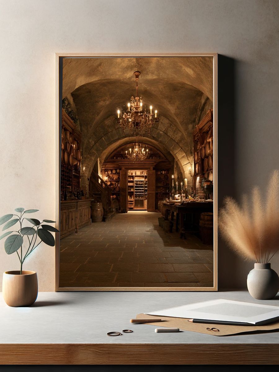 Candlelit Wine Cellar Interior Print. — room view 2