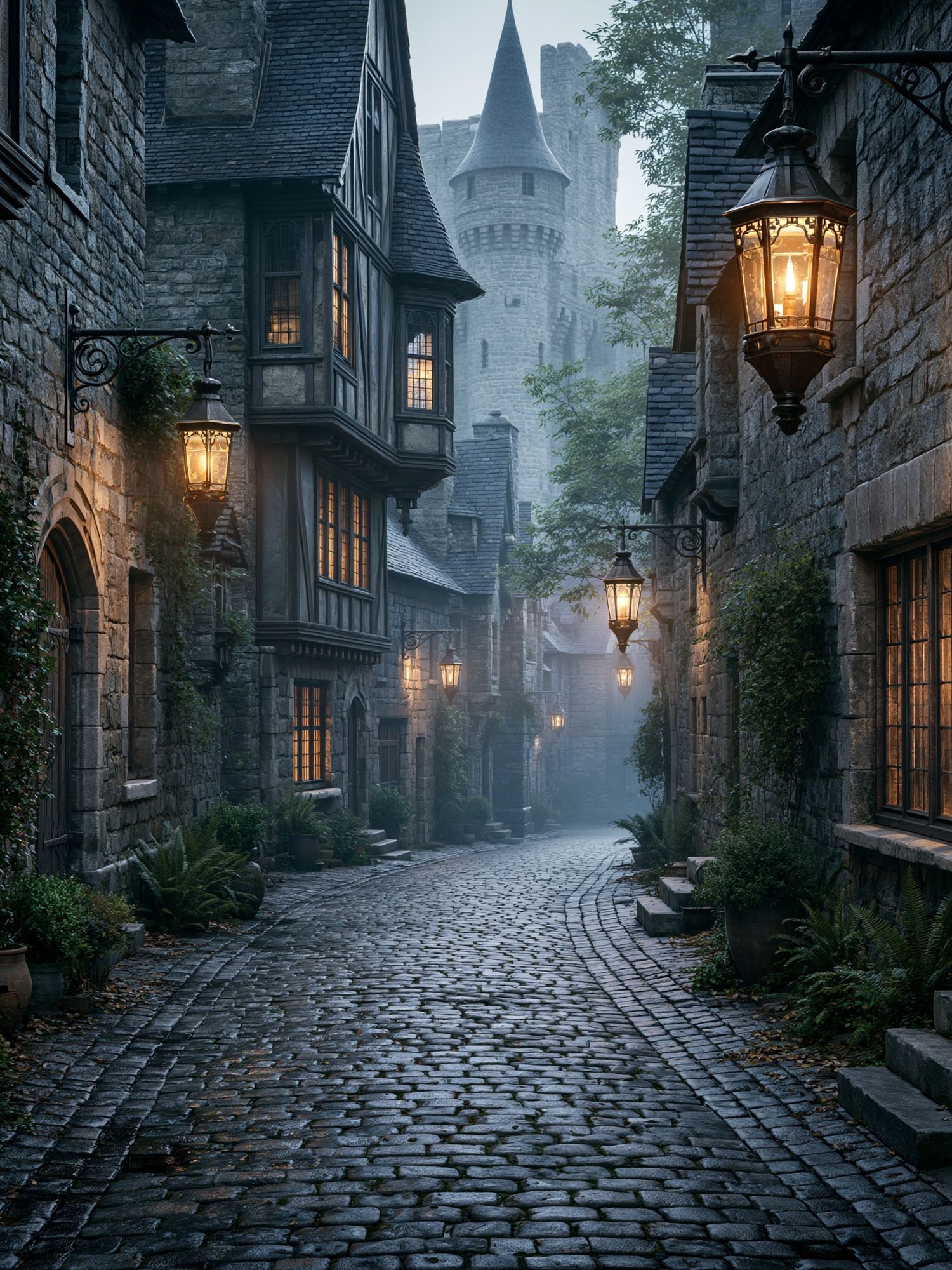 Misty Medieval Alley Photography Poster. poster detail