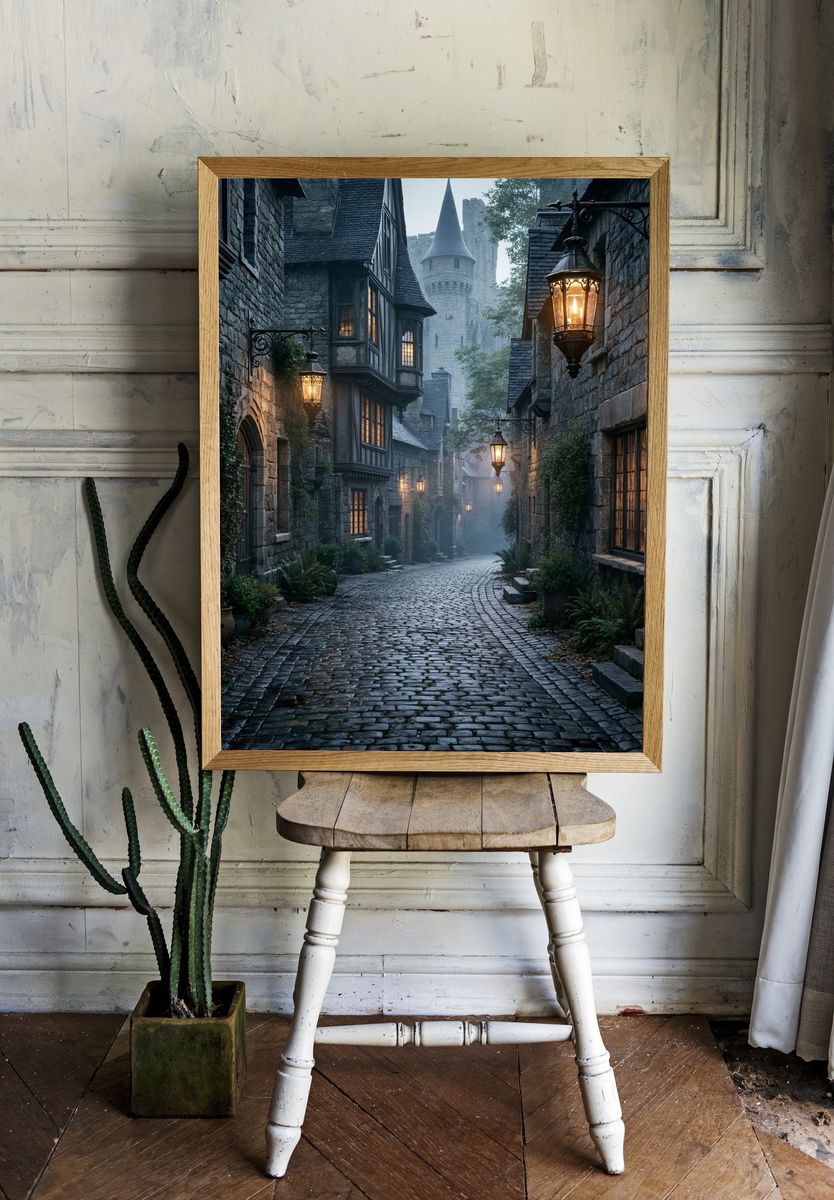 Misty Medieval Alley Photography Poster. room preview