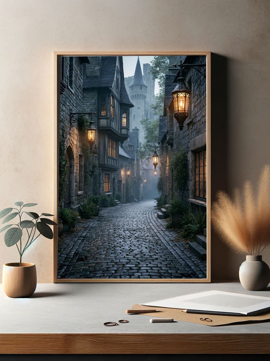 Misty Medieval Alley Photography Poster. — room view 2