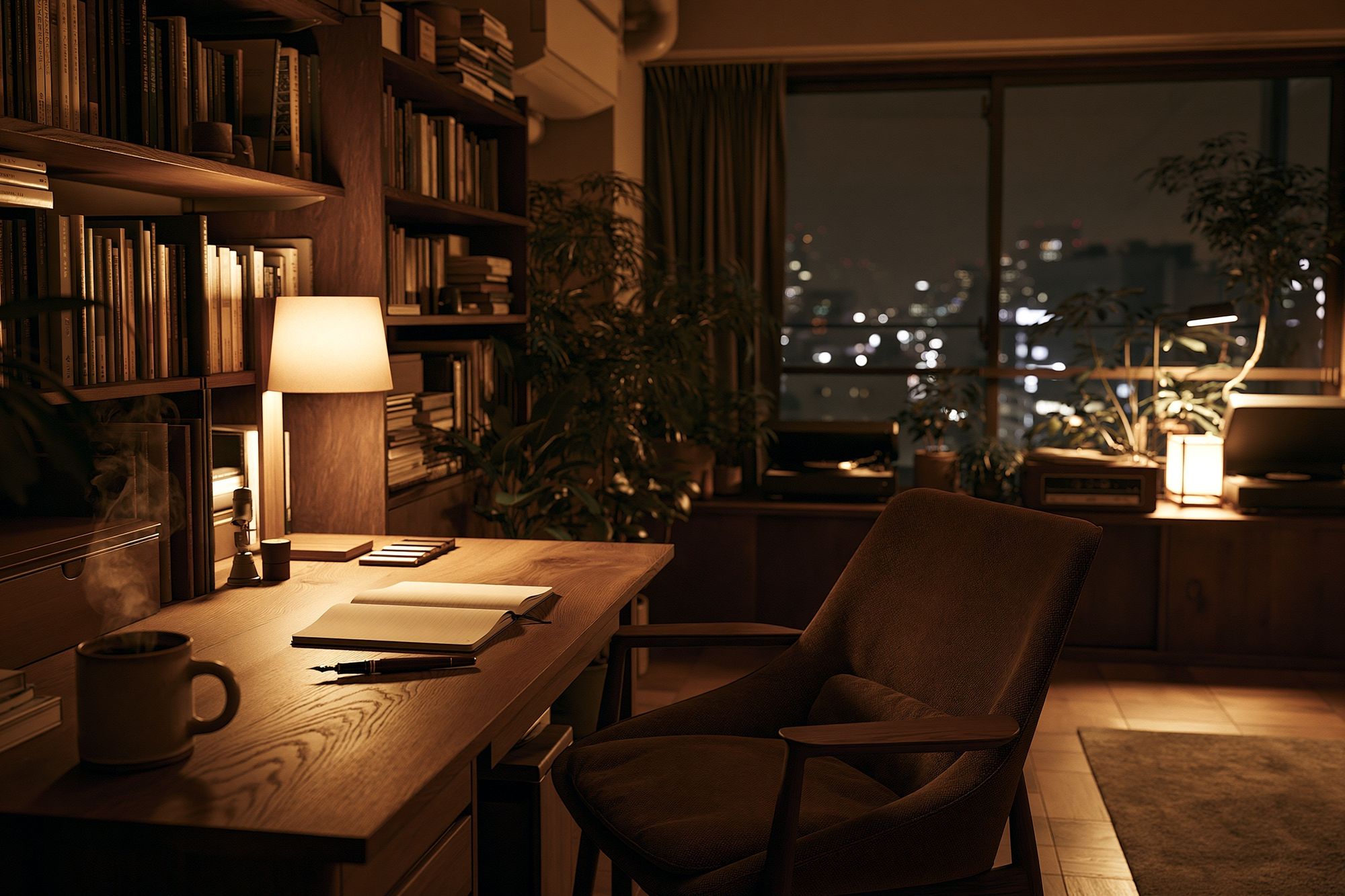 Cozy Night Office Interior Print. poster — architecture art