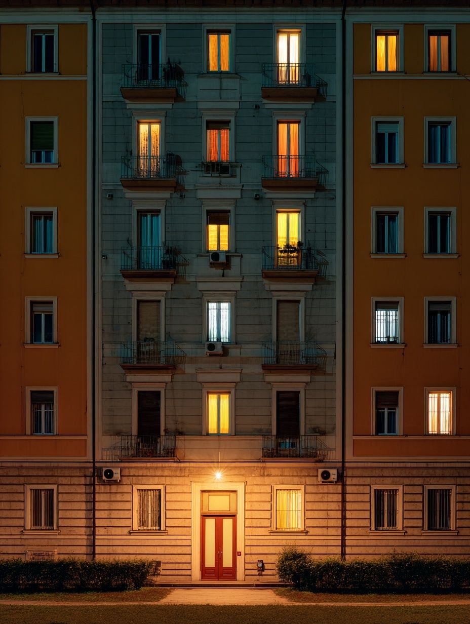 Lit Apartment Facade Photography Poster. poster detail