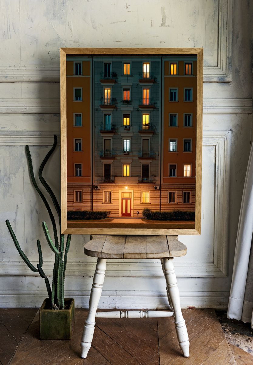 Lit Apartment Facade Photography Poster. room preview